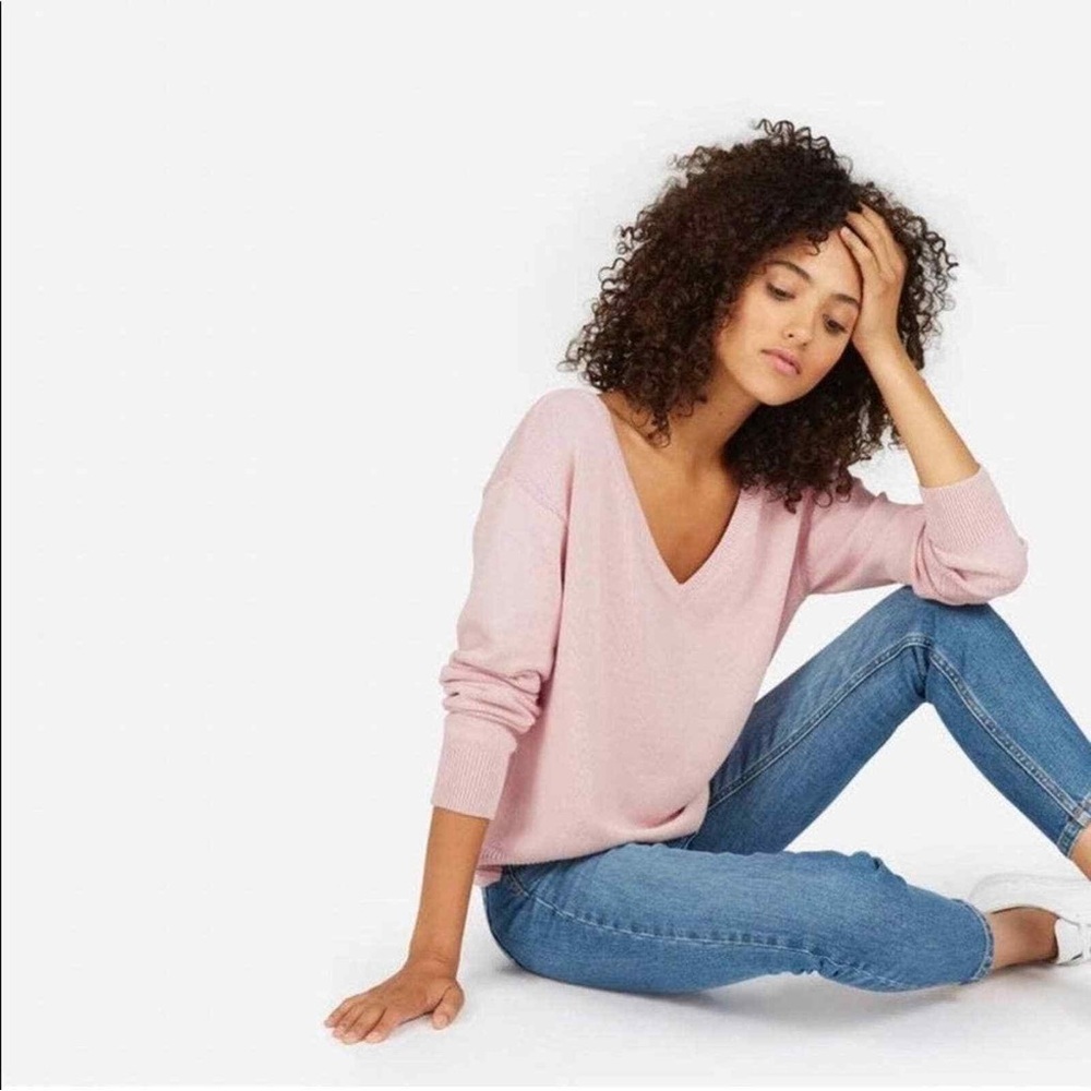Everlane The Soft Cotton Pink V-Neck Pullover Sweater